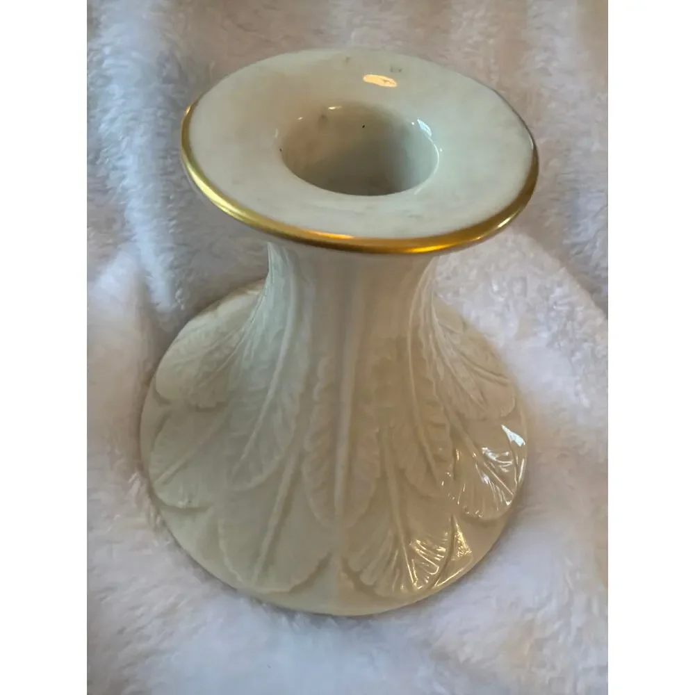 Pair Lenox Cream Gold Trim Feather Candle Holders Candlesticks Made USA 4.25